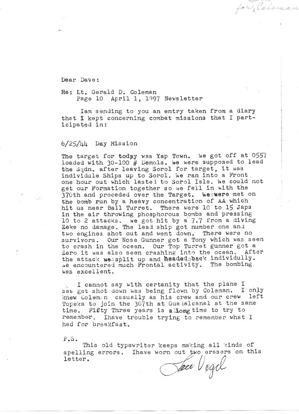 Jack Coleman Letter about Gerald D. Coleman
