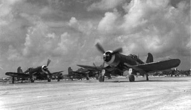 Corsair taking off from Peleliu into combat